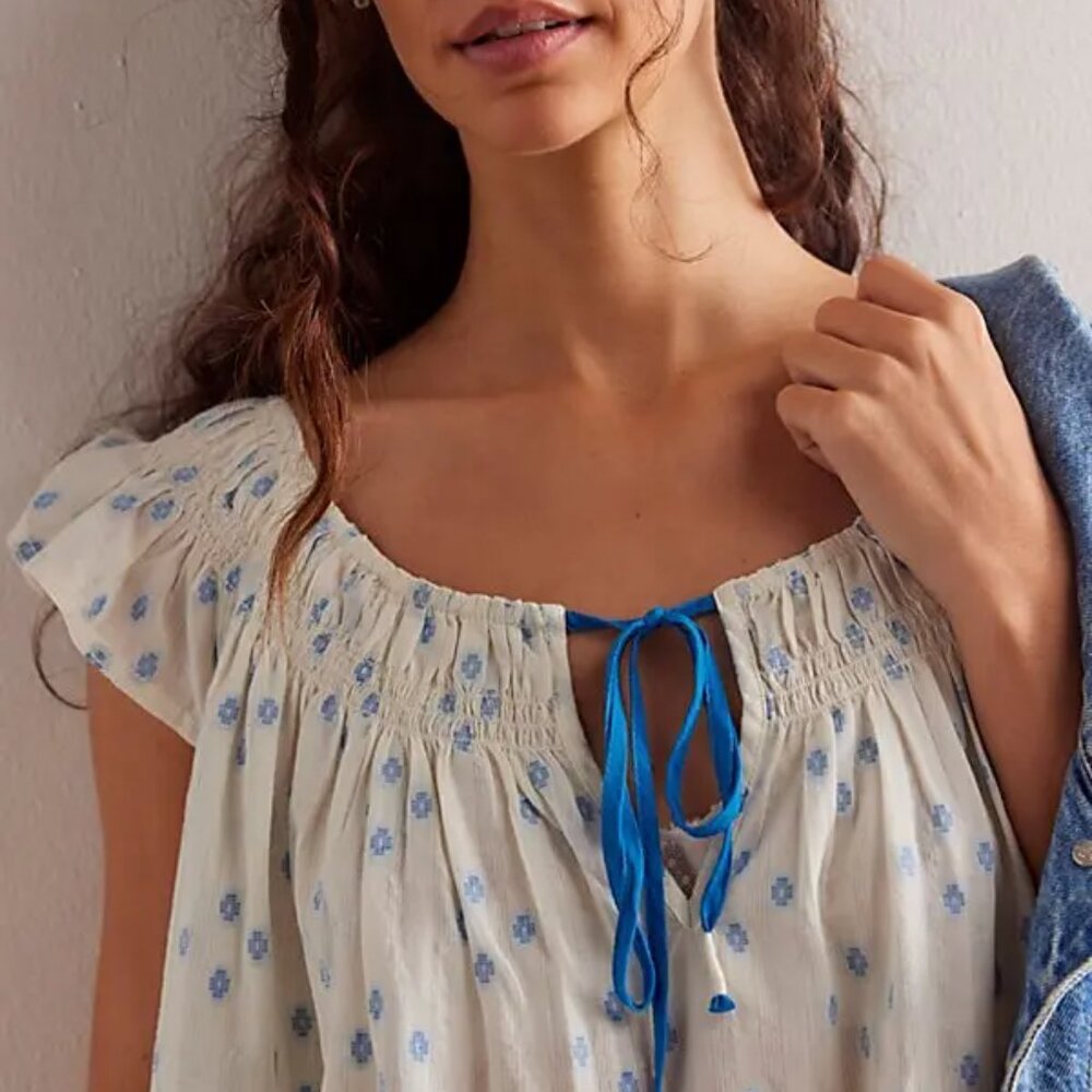 Free People We The Free Jules Flowy Cotton Tunic Top Flutter Sleeve Ivory Blue S - Picture 4 of 8